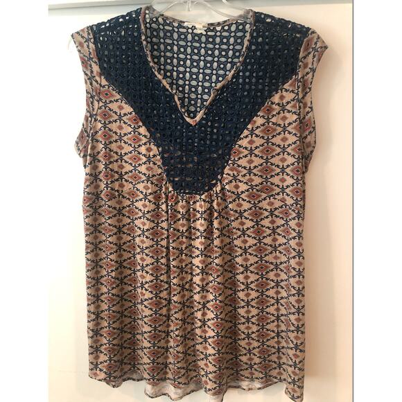 EUC Anthropologie Meadow Rue Lace Crochet Sleeveless Top Tunic Tan Navy Boho - Picture 3 of 10